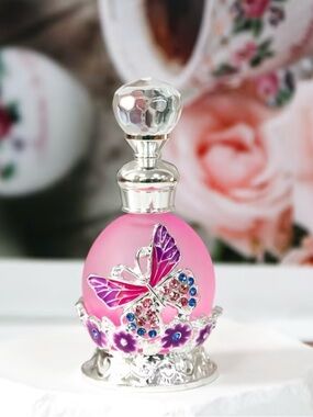 NIB Pink Butterfly Jeweled Glass Miniature Perfume Bottle